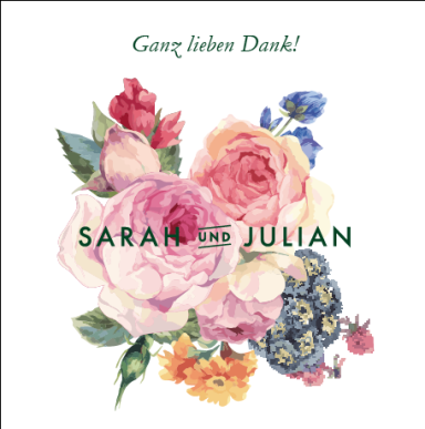 Handgezeichnetes Blüten Anssamble in zarten Rosatönen auf dem die Namen Sarah und Julian steht, als Dankes Karte auf weißem Hintergrund.