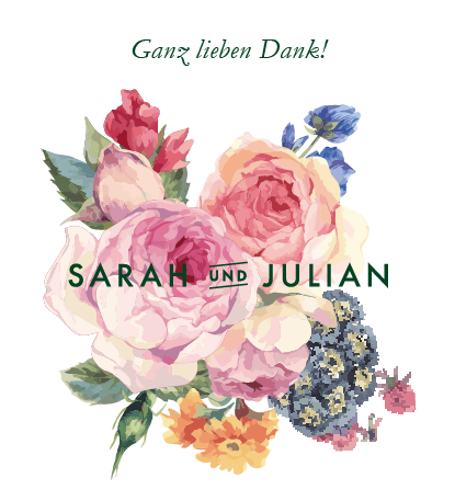 Handgezeichnetes Blüten Anssamble in zarten Rosatönen auf dem die Namen Sarah und Julian steht, als Dankes Karte auf weißem Hintergrund.